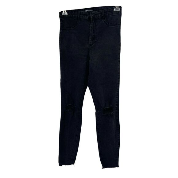 Zara Super High Rise Jeans Black Skinny Distressed Size 10 Punk Rock Stretch - Picture 1 of 6